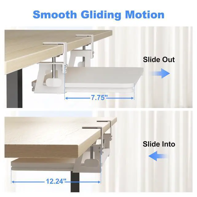 Alt view image 4 of 7 - Keyboard Tray Under Desk Large C-Clamp 25.6" x 11.8" Board 30 Width Including Clamps Slide-Out Platform Computer Drawer Pull Out Keyboard & Mouse Tray White DSF4W