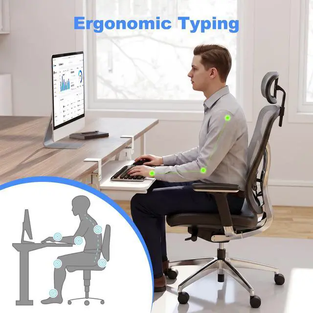 Alt view image 3 of 7 - Keyboard Tray Under Desk Large C-Clamp 25.6" x 11.8" Board 30 Width Including Clamps Slide-Out Platform Computer Drawer Pull Out Keyboard & Mouse Tray White DSF4W