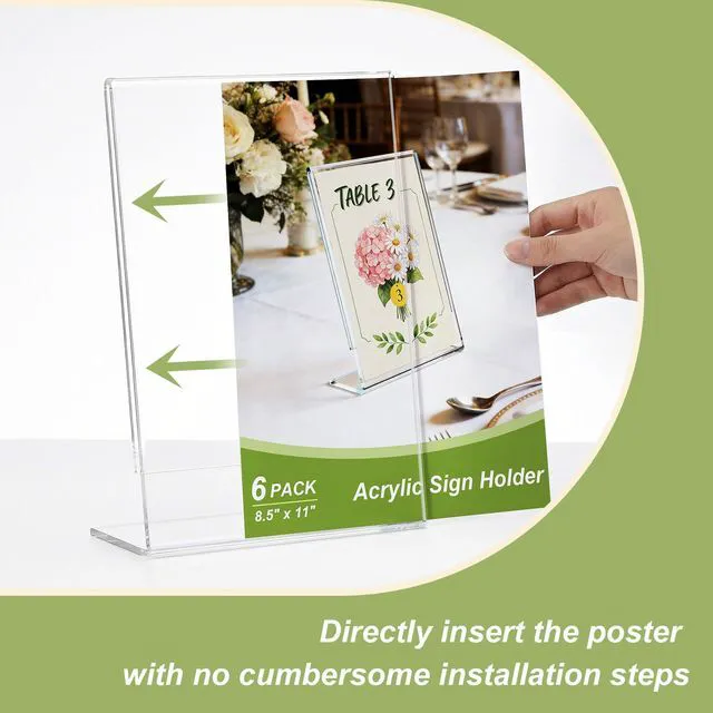 Alt view image 4 of 7 - 8.5x11 Acrylic Sign Stand Holders, Clear Plastic Table Paper Display Stands Displaying Posters, Pictures, Flyers, Menu Tabletop Holder Stand - 8.5 x 11 L Shape 18 pack