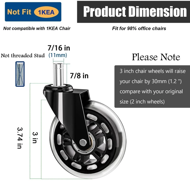 Alt view image 3 of 7 - Office Chair Caster Wheels Replacement 3 Inch Roller Blade, 10 Packs Heavy Duty Quiet No Scratch Rubber Gaming Chair Wheel for Hardwood Floor Carpet, 11mm Universal Fit/Not Fit 1KEA