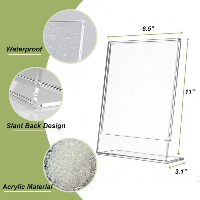 Alt view image 3 of 7 - 8.5x11 Acrylic Sign Stand Holders, Clear Plastic Table Paper Display Stands Displaying Posters, Pictures, Flyers, Menu Tabletop Holder Stand - 8.5 x 11 L Shape 18 pack