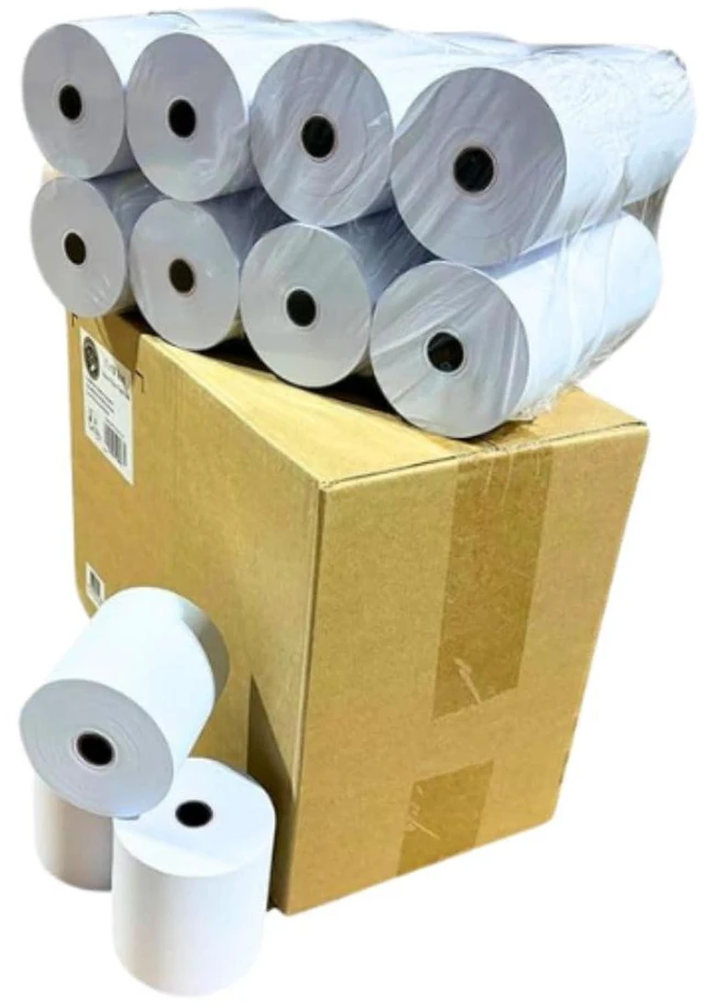 Main image of 1 Ply Bond Kitchen Receipt Paper 3" x 150' White (24 Rolls) Bond paper rolls for restaurants, hotels and retail POS. Fits Star SP700, TM U200, SRP275