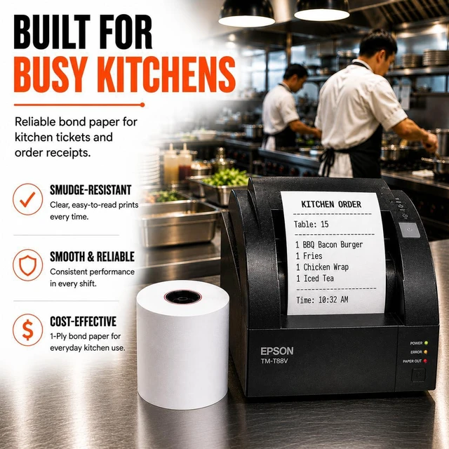 Alt view image 2 of 7 - 1 Ply Bond Kitchen Receipt Paper 3" x 150' White (24 Rolls) Bond paper rolls for restaurants, hotels and retail POS. Fits Star SP700, TM U200, SRP275