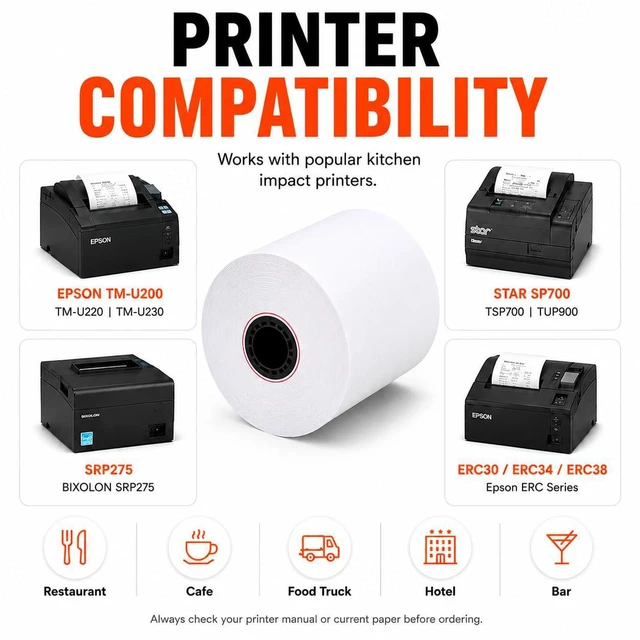 Alt view image 4 of 7 - 1 Ply Bond Kitchen Receipt Paper 3" x 150' White (24 Rolls) Bond paper rolls for restaurants, hotels and retail POS. Fits Star SP700, TM U200, SRP275