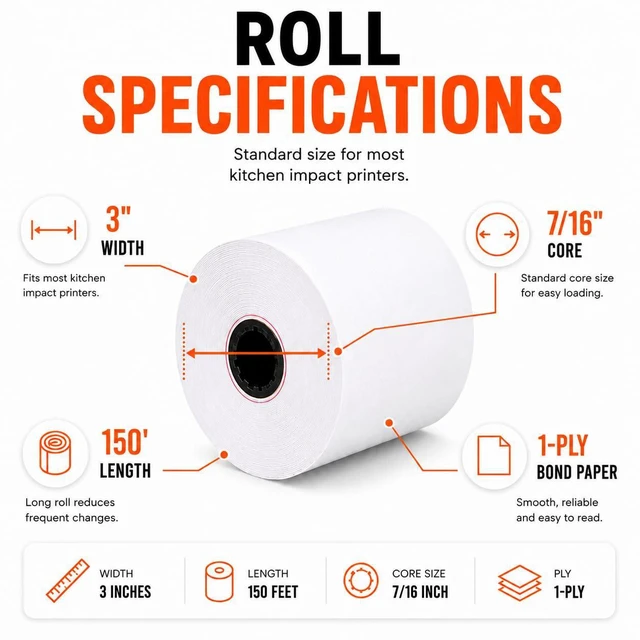Alt view image 5 of 7 - 1 Ply Bond Kitchen Receipt Paper 3" x 150' White (24 Rolls) Bond paper rolls for restaurants, hotels and retail POS. Fits Star SP700, TM U200, SRP275