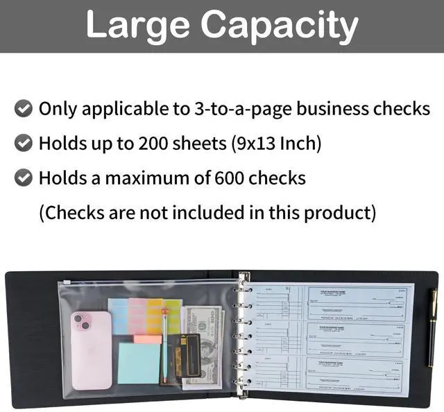 Alt view image 6 of 7 - Professional 7 Ring Checkbook Binder for Business Checks, Check Book Cover Blue Premium PU Leather Organizer for 3-On-A-Page Checks, Fits 9x13 Inch Sheet, 600 Check Capacity, with Zipper Pouch