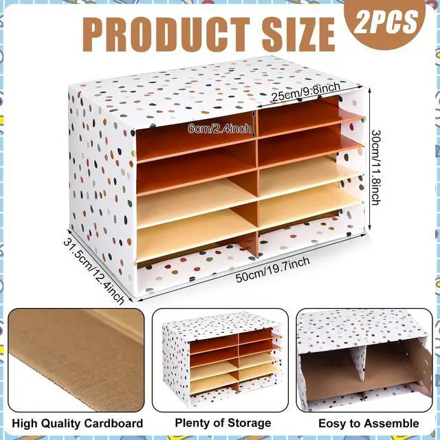Alt view image 4 of 6 - 2 Pcs Boho Classroom Paper Storage Organizer Construction Paper Storage Desktop Mailbox File Sorter Literature Cardboard Organizer for Home Office School, 19.7 x 12.4 x 11.8 Inch