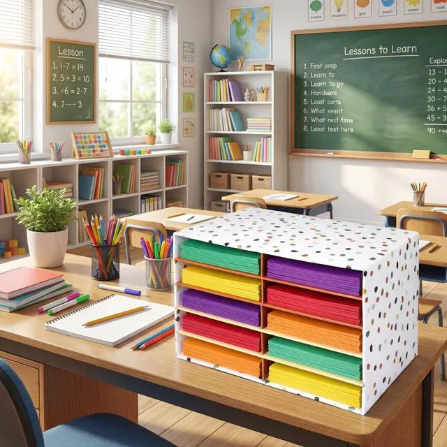 Alt view image 2 of 6 - 2 Pcs Boho Classroom Paper Storage Organizer Construction Paper Storage Desktop Mailbox File Sorter Literature Cardboard Organizer for Home Office School, 19.7 x 12.4 x 11.8 Inch