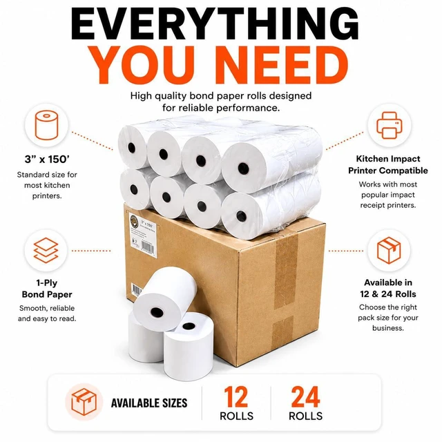 Alt view image 6 of 7 - 1 Ply Bond Kitchen Receipt Paper 3" x 150' White (24 Rolls) Bond paper rolls for restaurants, hotels and retail POS. Fits Star SP700, TM U200, SRP275
