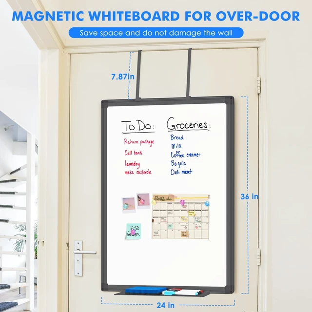 Alt view image 2 of 7 - Black Magnetic Dry Erase Board for Door 36 x 24 in No-Drill Adjustable Long Arm Hook Mount, Portable Hanging Whiteboard For Home, Dorm, Office, Cubicle And Small Spaces