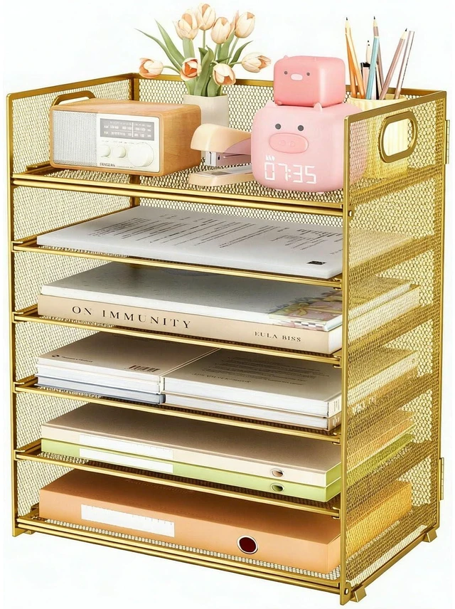 Main image of 6 Trays Paper Organizer with Handle - Mesh Desk File/Letter Paper Sorter Organizer for Office, Home or School (Gold)