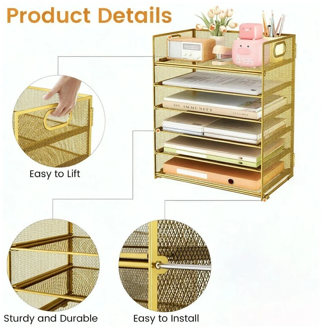 Alt view image 2 of 7 - 6 Trays Paper Organizer with Handle - Mesh Desk File/Letter Paper Sorter Organizer for Office, Home or School (Gold)