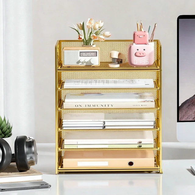 Alt view image 4 of 7 - 6 Trays Paper Organizer with Handle - Mesh Desk File/Letter Paper Sorter Organizer for Office, Home or School (Gold)