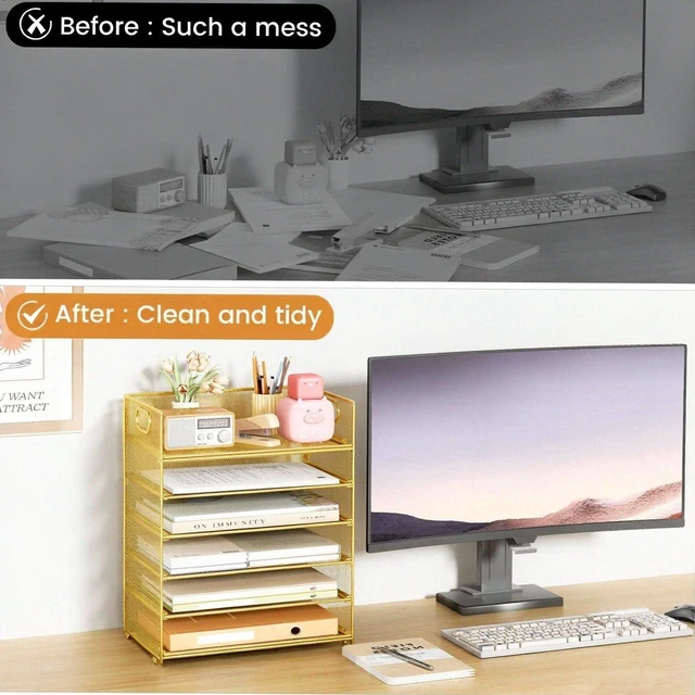 Alt view image 3 of 7 - 6 Trays Paper Organizer with Handle - Mesh Desk File/Letter Paper Sorter Organizer for Office, Home or School (Gold)