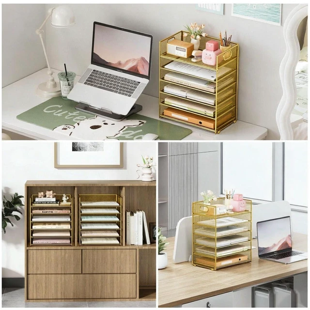 Alt view image 5 of 7 - 6 Trays Paper Organizer with Handle - Mesh Desk File/Letter Paper Sorter Organizer for Office, Home or School (Gold)
