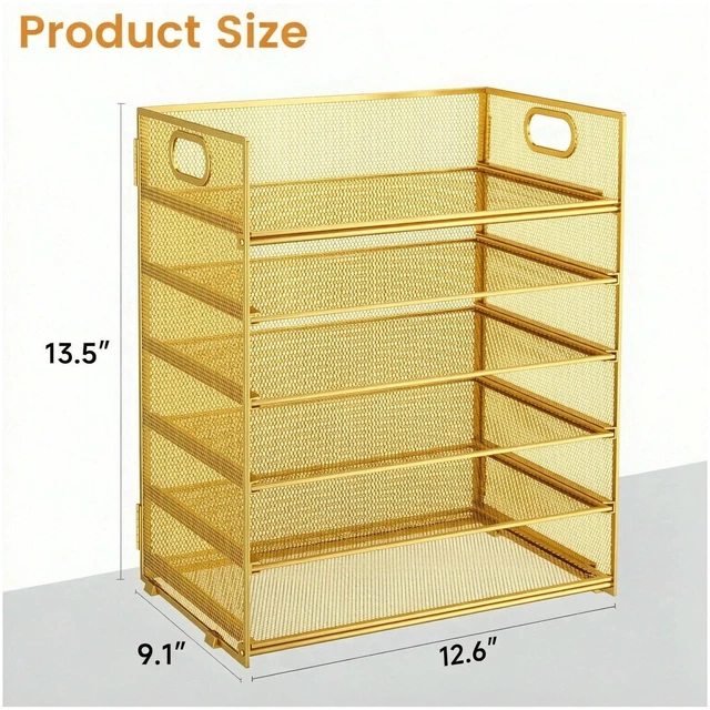 Alt view image 6 of 7 - 6 Trays Paper Organizer with Handle - Mesh Desk File/Letter Paper Sorter Organizer for Office, Home or School (Gold)