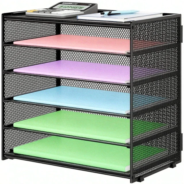 Main image of 6 Trays Paper Organizer with Handle - Mesh Desk File/Letter Paper Sorter Organizer for Office, Home or School (Black with Closed top)
