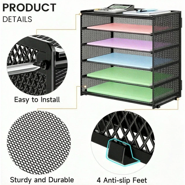 Alt view image 3 of 5 - 6 Trays Paper Organizer with Handle - Mesh Desk File/Letter Paper Sorter Organizer for Office, Home or School (Black with Closed top)