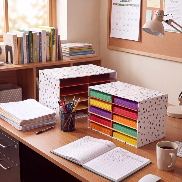 Alt view image 6 of 6 - 2 Pcs Boho Classroom Paper Storage Organizer Construction Paper Storage Desktop Mailbox File Sorter Literature Cardboard Organizer for Home Office School, 19.7 x 12.4 x 11.8 Inch