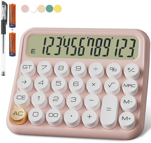 Main image of Battery Desk Calculator - 12 Digit, Extra Large 5-Inch LCD Display, Big Buttons, 15 Tilt Screen, Kids Calculator (Pink)