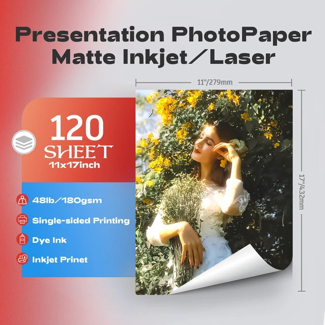 Alt view image 2 of 7 - 120 Sheets Matte Presentation Paper 11x17 48lb 180gsm Photo Paper for All Dye Ink Inkjet Printers