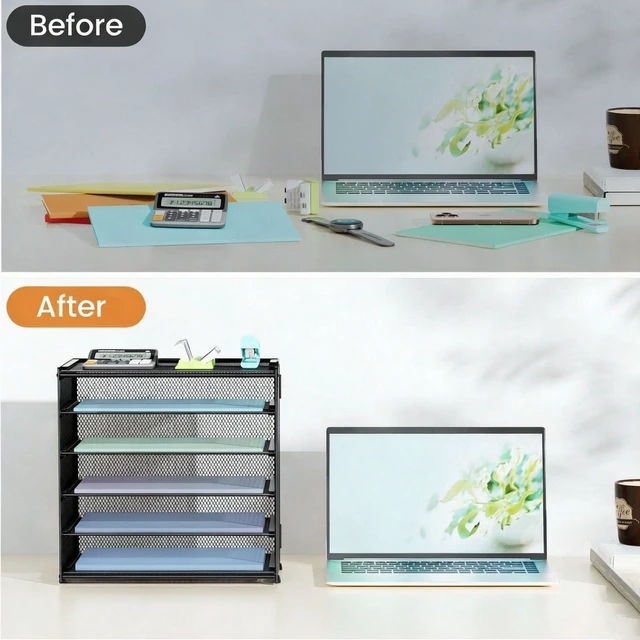 Alt view image 4 of 5 - 6 Trays Paper Organizer with Handle - Mesh Desk File/Letter Paper Sorter Organizer for Office, Home or School (Black with Closed top)