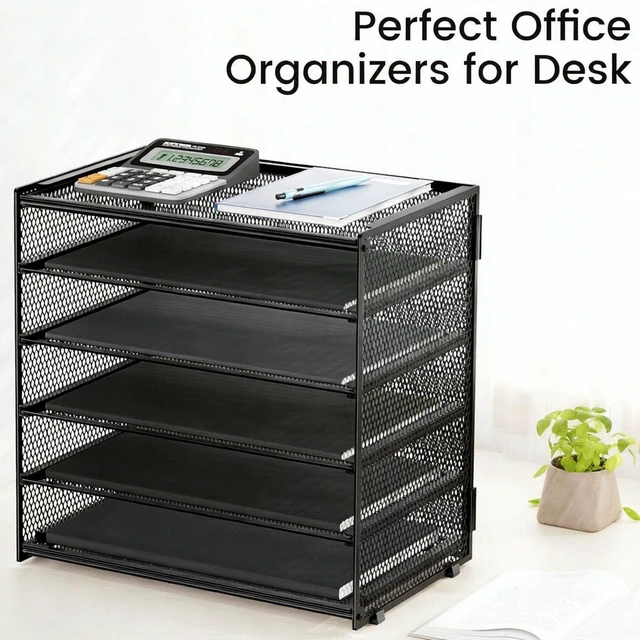 Alt view image 5 of 5 - 6 Trays Paper Organizer with Handle - Mesh Desk File/Letter Paper Sorter Organizer for Office, Home or School (Black with Closed top)