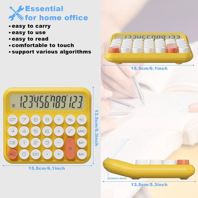 Alt view image 2 of 6 - Mechanical Calculator 12 Digit, 5-Inch LCD Display, Battery Desk Calculator With Big Buttons, 15 Tilt Screen for Office and Kids (Yellow)