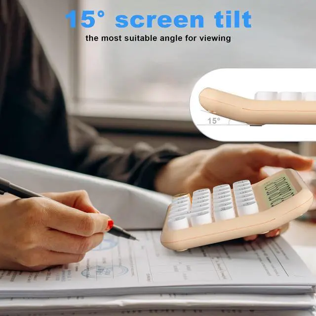 Alt view image 2 of 6 - Mechanical Calculator 12 Digit Extra Large 5-Inch LCD Display, Battery Desk Calculator, Big Buttons Easy to Press Use as Office Calculators Desktop, 15°Tilt Screen for Kids Calculator(Cream)
