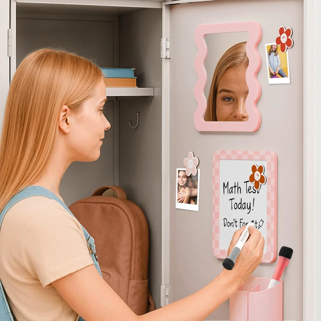 Alt view image 4 of 7 - Stylish Locker Accessories Kit for Girls with Mirror, Whiteboard & Magnets Includes Pen Holder, Cute Flower Magnets & Marker Set - All-in-one School Locker Decor & Organizer to Brighten Your Day