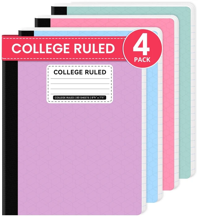 Main image of College Ruled Composition Notebook 4 Pack School Supplies, 160 Pages 9-3/4" x 7-1/2" Aesthetic Composition Notebooks, 80 Sheets, Pastel Colors, Perfect for School, Office and Note Taking