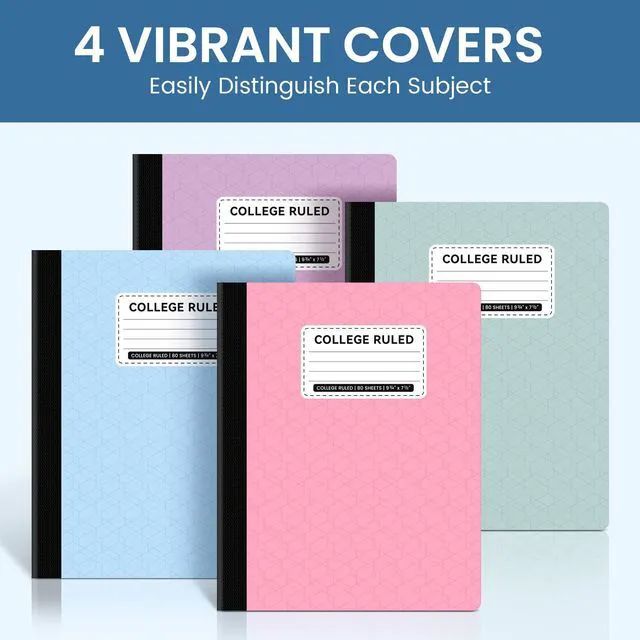 Alt view image 3 of 7 - College Ruled Composition Notebook 8 Pack School Supplies, 160 Pages 9-3/4" x 7-1/2" Aesthetic Composition Notebooks, 80 Sheets, Pastel Colors, Perfect for School, Office and Note Taking