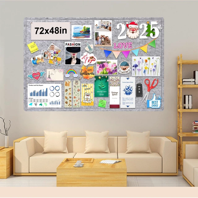 Alt view image 2 of 7 - Large Bulletin Board, 72x48 Inches Cork Board Alternative, Large Felt Board Decorative Pin Board for Wall, Foldable Photo Board Self-Adhesive Vision Board with 36 Pushpins Light Gray