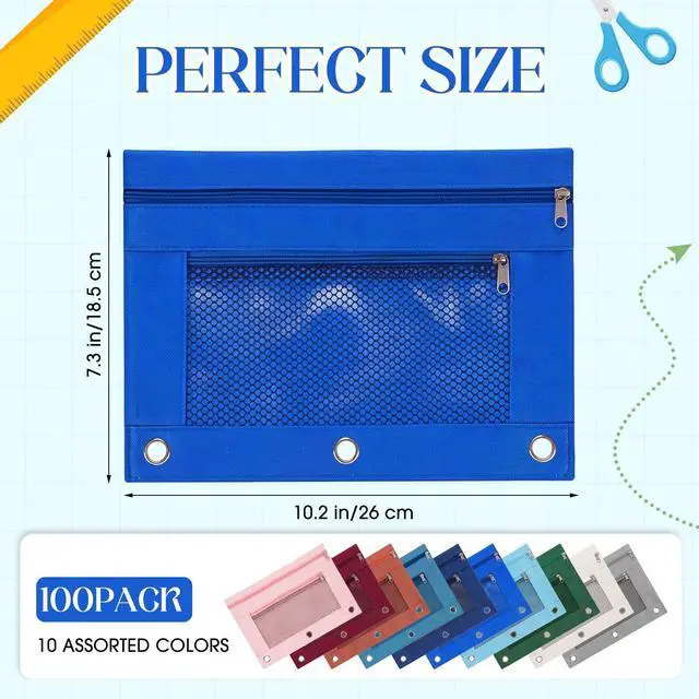 Alt view image 6 of 7 - 100 Pcs Classroom Binder Pencil Pouches, Vibrant Color, 2 Zipper 3 Ring Binder Zipper Pencil Pouches, Mesh Layer Pencil Bags Bulk, Pencils Pouches for Students, Back to School Pen Bags