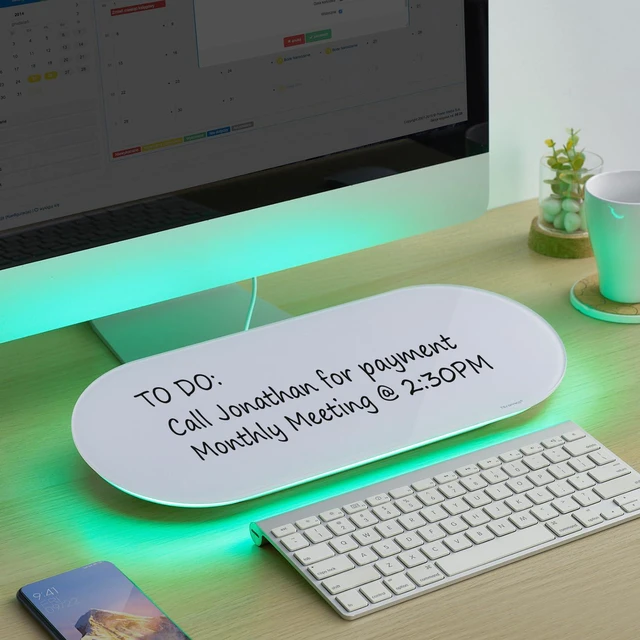 Main image of Glass Desktop Whiteboard - 17 X 7 Inches Small Dry Erase Board with Green Light, Glass White Board Surface Notepad with 1 Drawer, Desk Organizers for Office, Home, School Supplies