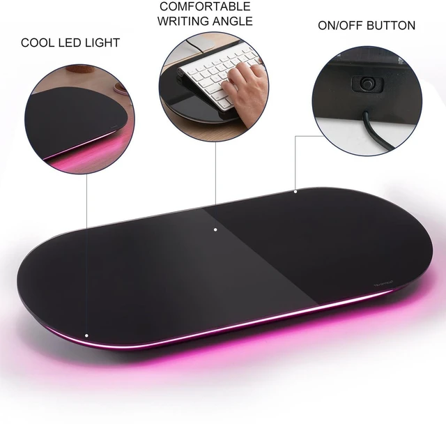 Alt view image 3 of 7 - Glass Desktop Whiteboard - 17 X 7 Inches Black Board Pink Light Glass Surface/Notepad with 1 Drawer/ Desk Organizers/ for Office, Home, School Supplies