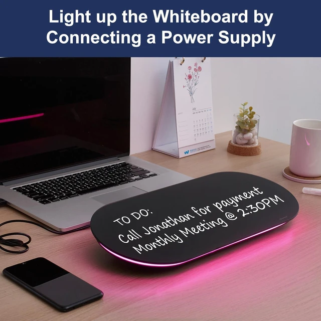 Alt view image 5 of 7 - Glass Desktop Whiteboard - 17 X 7 Inches Black Board Pink Light Glass Surface/Notepad with 1 Drawer/ Desk Organizers/ for Office, Home, School Supplies