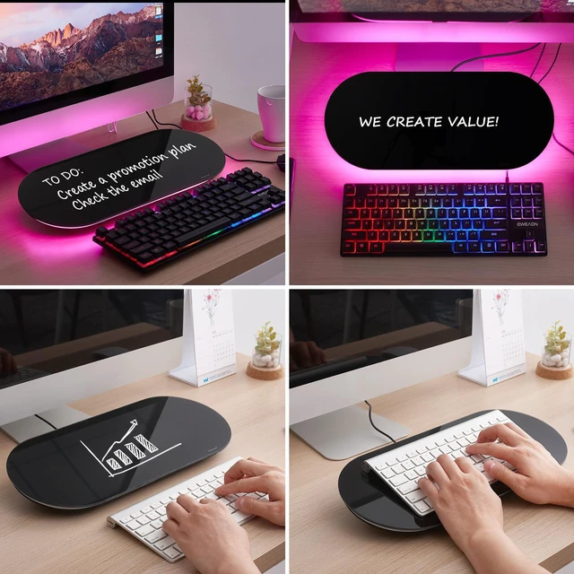 Alt view image 7 of 7 - Glass Desktop Whiteboard - 17 X 7 Inches Black Board Pink Light Glass Surface/Notepad with 1 Drawer/ Desk Organizers/ for Office, Home, School Supplies