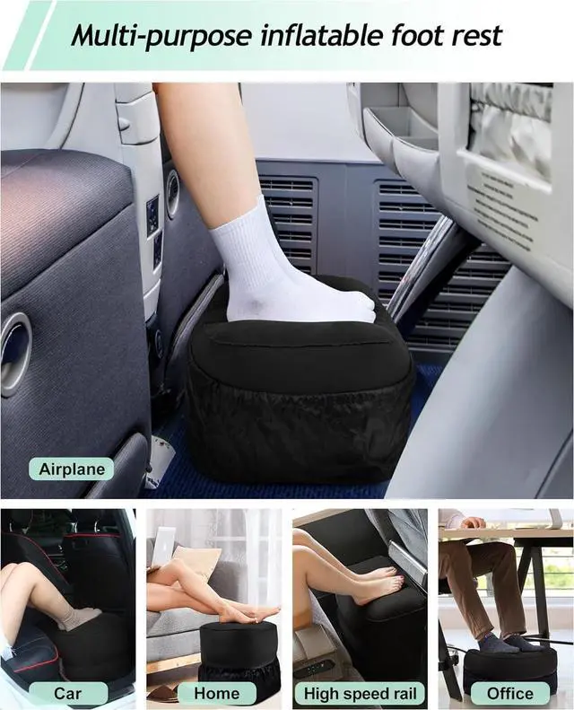 Alt view image 7 of 7 - Inflatable Travel Foot Rest Pillow, Kids Airplane Bed, Adjustable 3 Layers Height Leg Rest Pillow, Adults Travel Essentials Great for Airplane, Office, Home, Trains, Cars (Black)