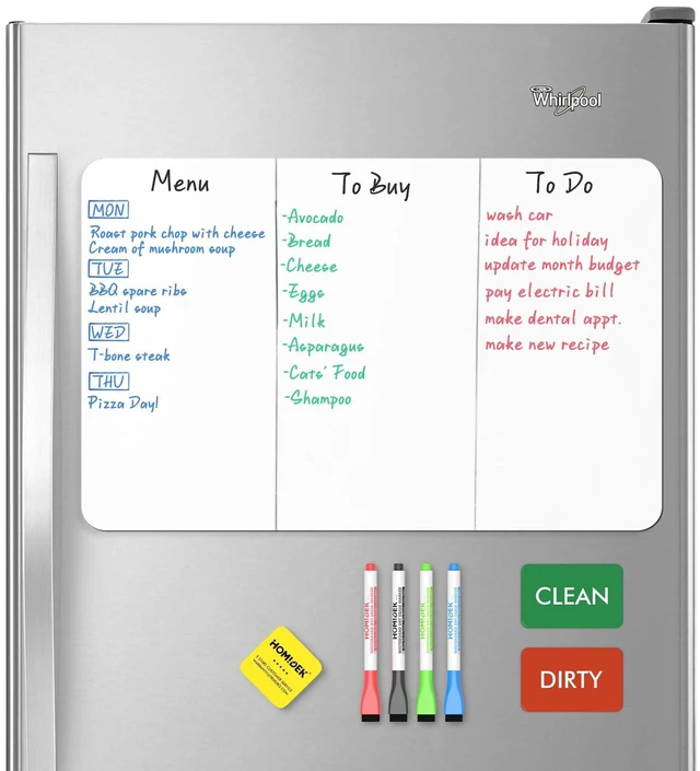 Main image of Magnetic Dry Erase Board: Small Fridge Whiteboard, Flexible Refrigerator Magnet White Board, Blank Writing Note Sheet with Dishwasher Magnet Clean Dirty Sign, 4 Markers & Eraser - 20 x 13