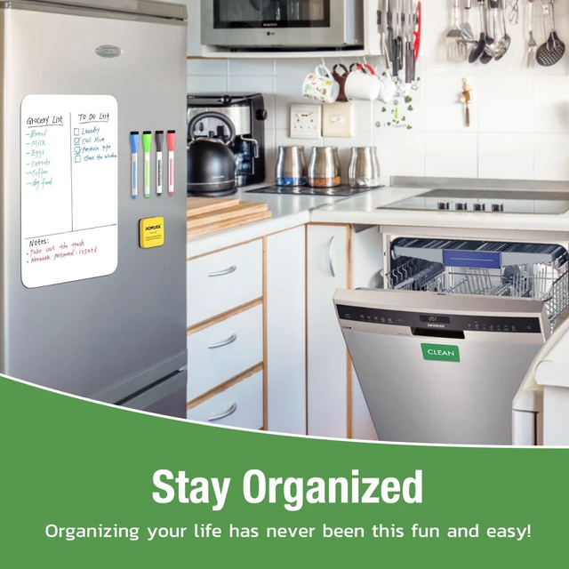Alt view image 6 of 7 - Magnetic Dry Erase Board: Small Fridge Whiteboard, Flexible Refrigerator Magnet White Board, Blank Writing Note Sheet with Dishwasher Magnet Clean Dirty Sign, 4 Markers & Eraser - 20 x 13