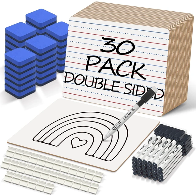 Main image of Dry Erase Boards, 30 Pack 9 x 12 Inch Mini Portable Practice White Boards with 30 Markers, 30 Erasers, Double Sided Personal Small Whiteboards with Lines for Kids, Students, Teachers Classroom School
