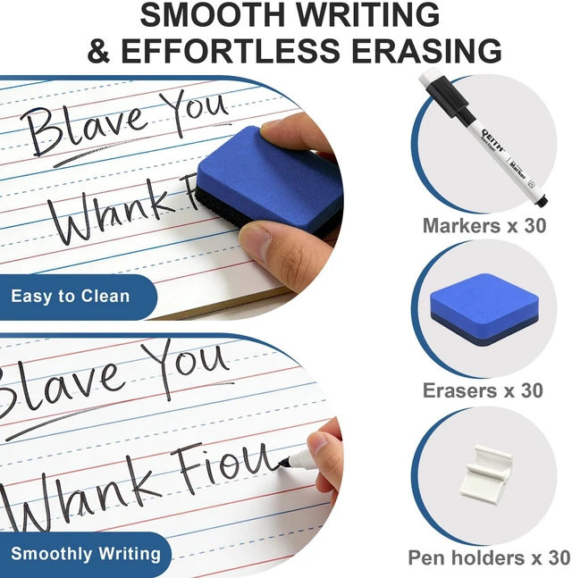 Alt view image 4 of 6 - Dry Erase Boards, 30 Pack 9 x 12 Inch Mini Portable Practice White Boards with 30 Markers, 30 Erasers, Double Sided Personal Small Whiteboards with Lines for Kids, Students, Teachers Classroom School
