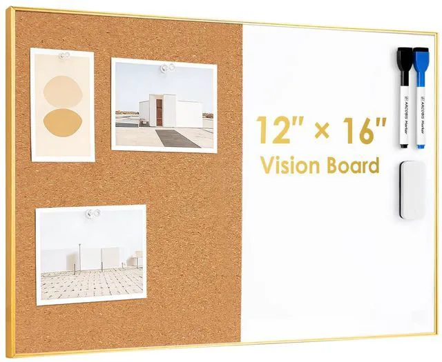 Main image of Cork Board White Board Combo 11.6"x15.7" Bulletin Board, Magnetic Dry Erase Board & Corkboard for Wall, Vision Board for Home, Office, School, Gold Frame