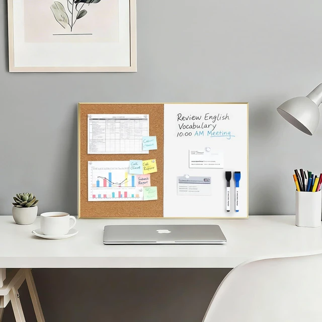 Alt view image 4 of 7 - Cork Board White Board Combo 11.6"x15.7" Bulletin Board, Magnetic Dry Erase Board & Corkboard for Wall, Vision Board for Home, Office, School, Gold Frame