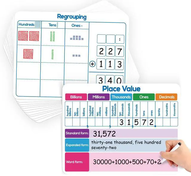 Main image of 12 Pack Place Value Dry Erase Board Card,12" x 9"Regrouping Base Ten Small Whiteboard Math Manipulatives Addition Subtraction Game for Student Classroom Must Have Homeschool Teacher Supplies