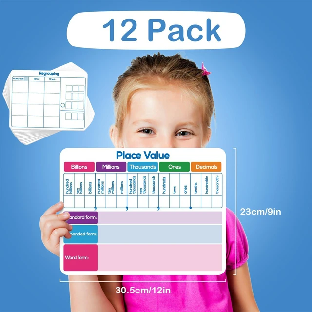 Alt view image 2 of 7 - 12 Pack Place Value Dry Erase Board Card,12" x 9"Regrouping Base Ten Small Whiteboard Math Manipulatives Addition Subtraction Game for Student Classroom Must Have Homeschool Teacher Supplies