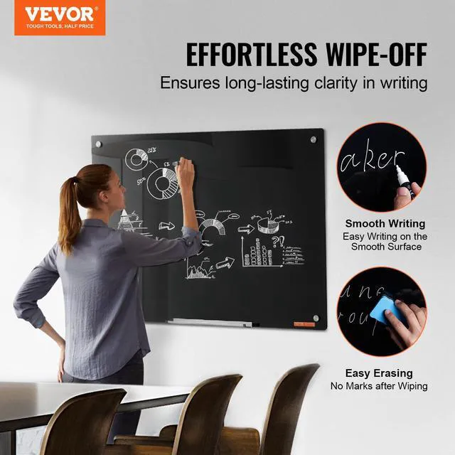 Alt view image 2 of 7 - Magnetic Glass Whiteboard, Dry Erase Board 36"x24", Wall-Mounted Large White Glassboard Frameless, with Marker Tray, an Eraser and 2 Markers, Black