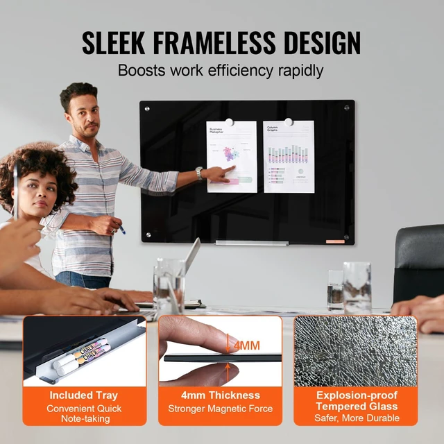 Alt view image 5 of 7 - Magnetic Glass Whiteboard, Dry Erase Board 36"x24", Wall-Mounted Large White Glassboard Frameless, with Marker Tray, an Eraser and 2 Markers, Black