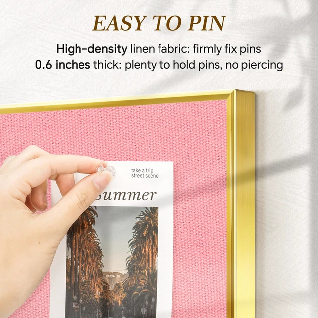 Alt view image 4 of 7 - Linen Bulletin Board, 24"x18" Decorative Fabric Pin Board Vision Board Gold Aluminum Frame, Upgraded Pink Canvas Surface, Wall Mounted, for Home Office Bedroom Dorm Wall Decor